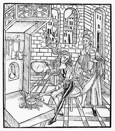O assistente de medicina de aquecimento do cirurgião, de "Das Buch der Cirugia", publicou Estrasburgo, 1497 de Hieronymus Brunschwig